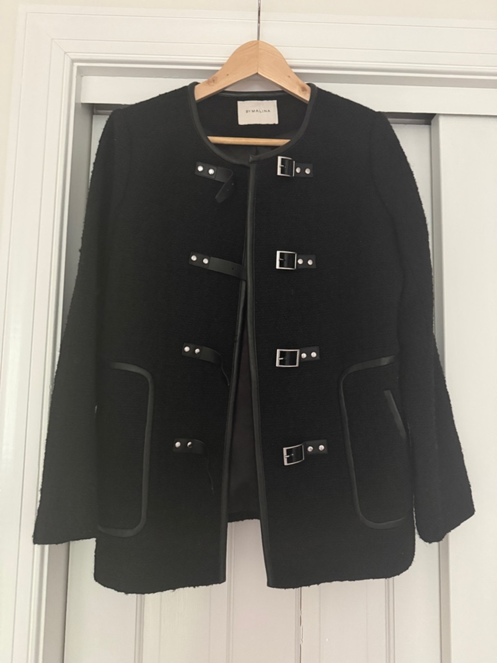 By Malina Malia Black Buckle-Front Bouclé Coat